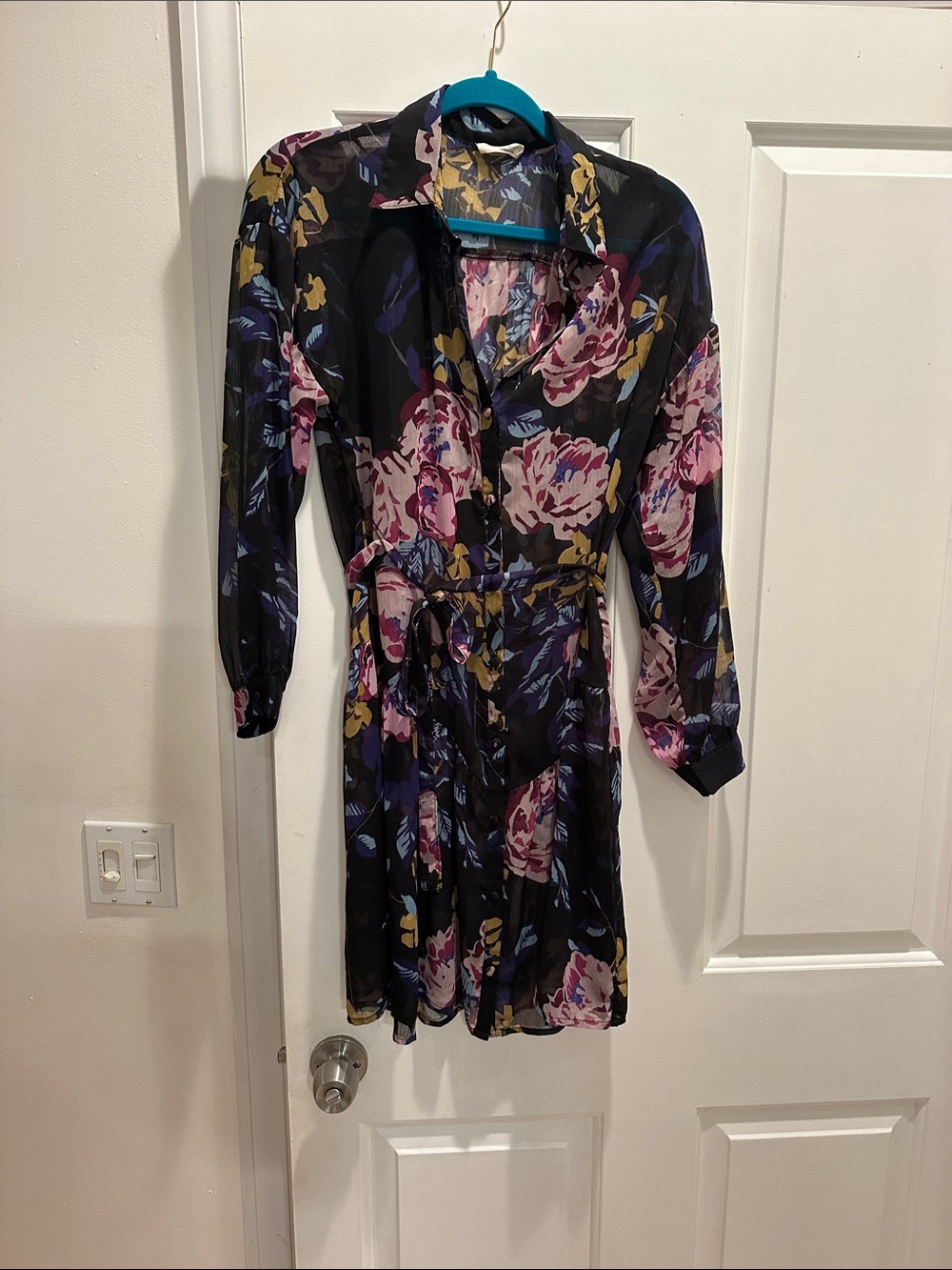 lovestitch Black Floral Long Sleeve Wrap Dress with Pink Blooms